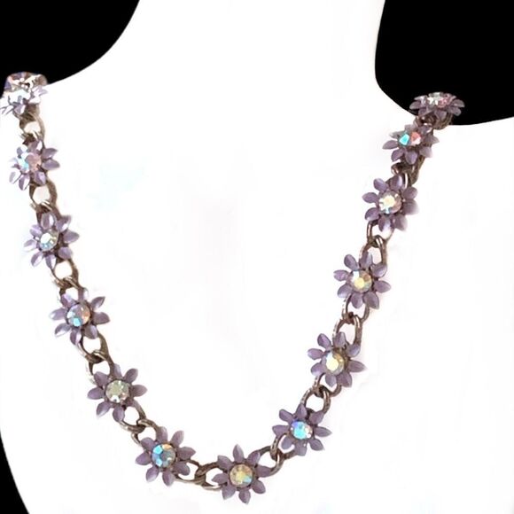 Vintage enamel lavender metal flower ab crystal  floral link necklace 15” - Picture 14 of 14